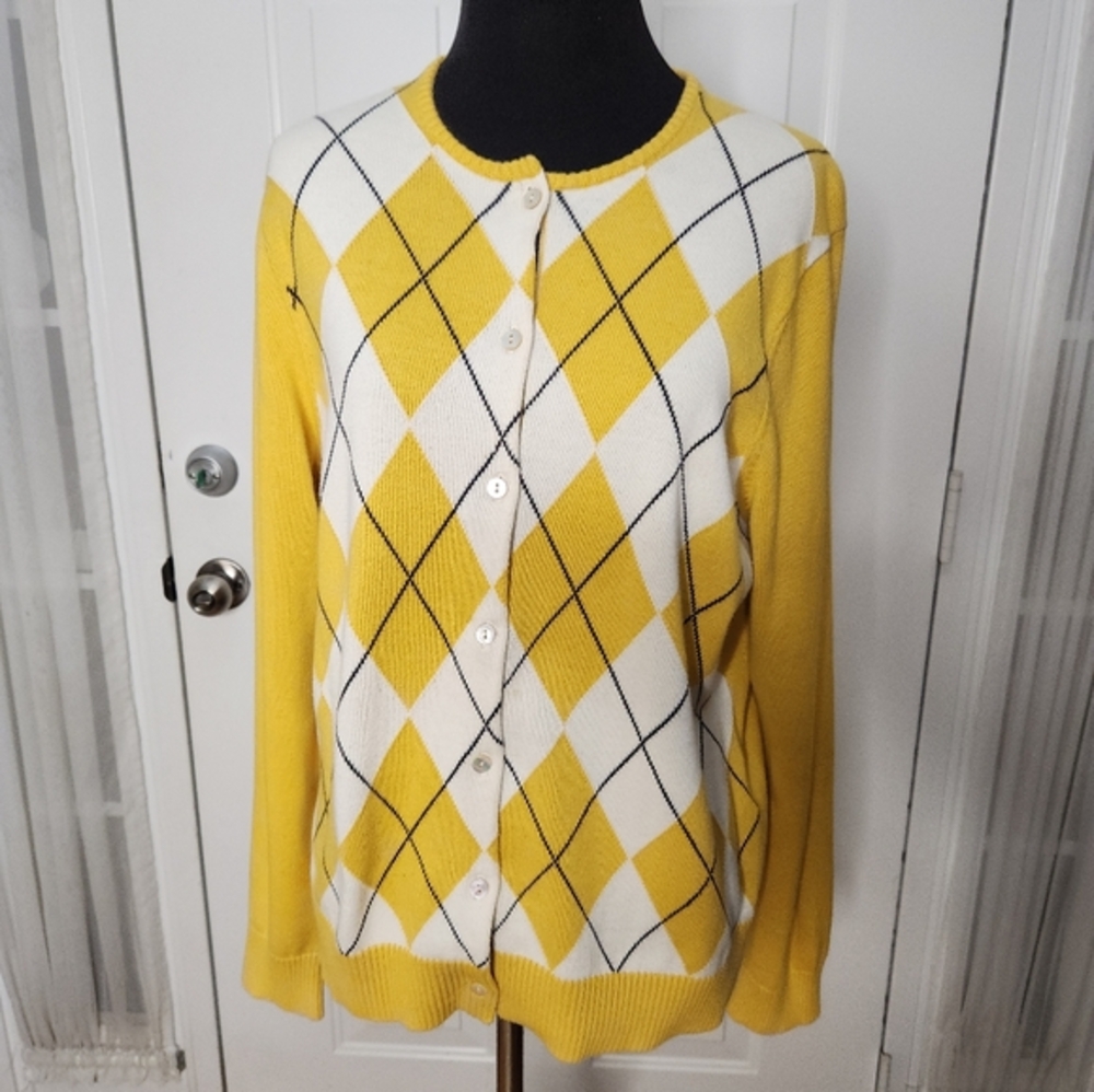 Lands End 100% Suprima Cotton Cardigan‎ Sweater Argyle Diamond  Size L P L/P